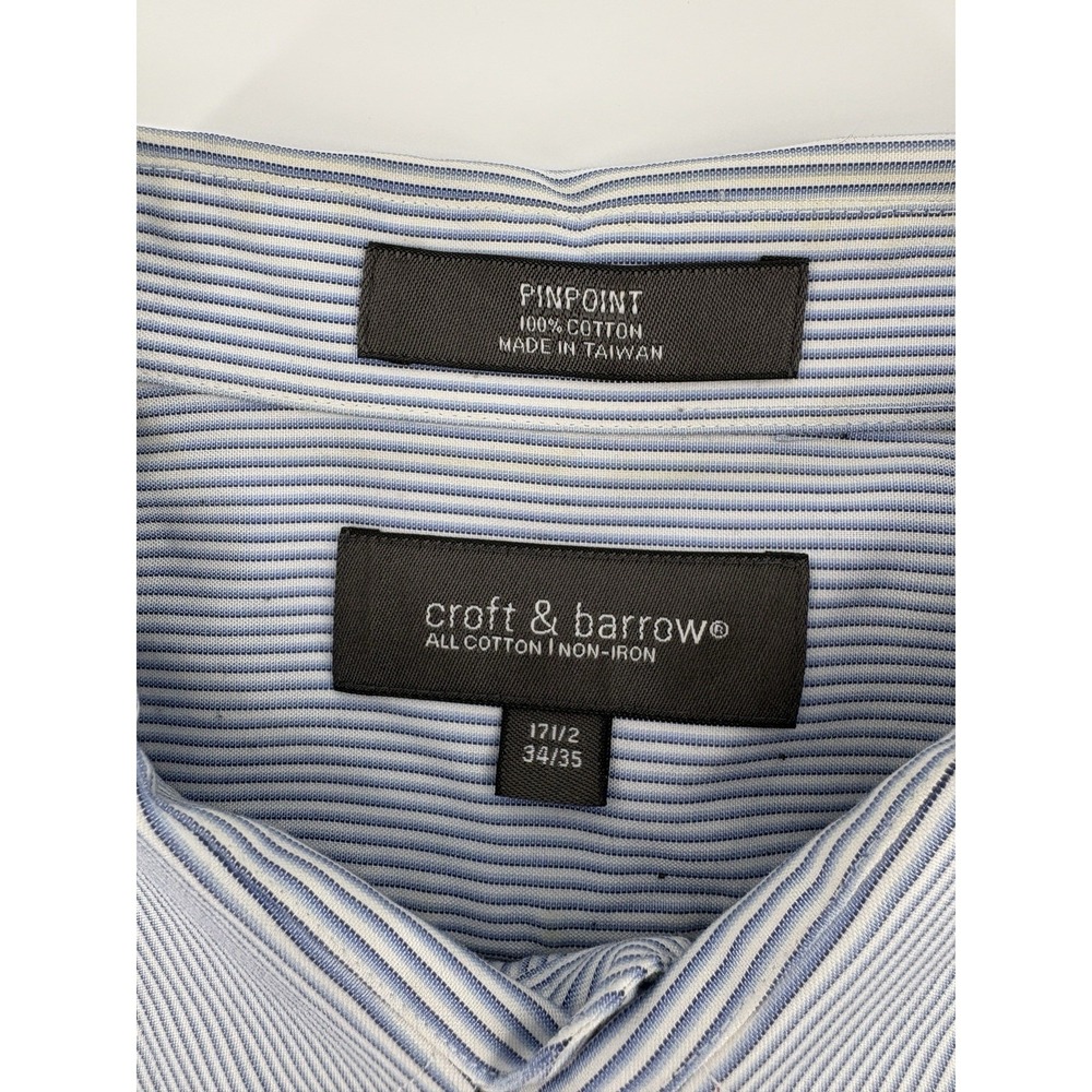 Croft & Barrow Men's 17 1/2 34/35 Pinpoint Blue White Stripe Long Sleeve Button - Picture 3 of 10